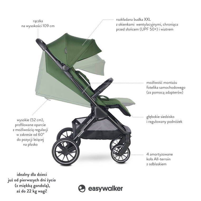 EJA22004 Easywalker Jackey² XL Komfortowy, samoskładający się wózek spacerowy z torbą transportową i osłoną przeciwdeszczową Deep Green