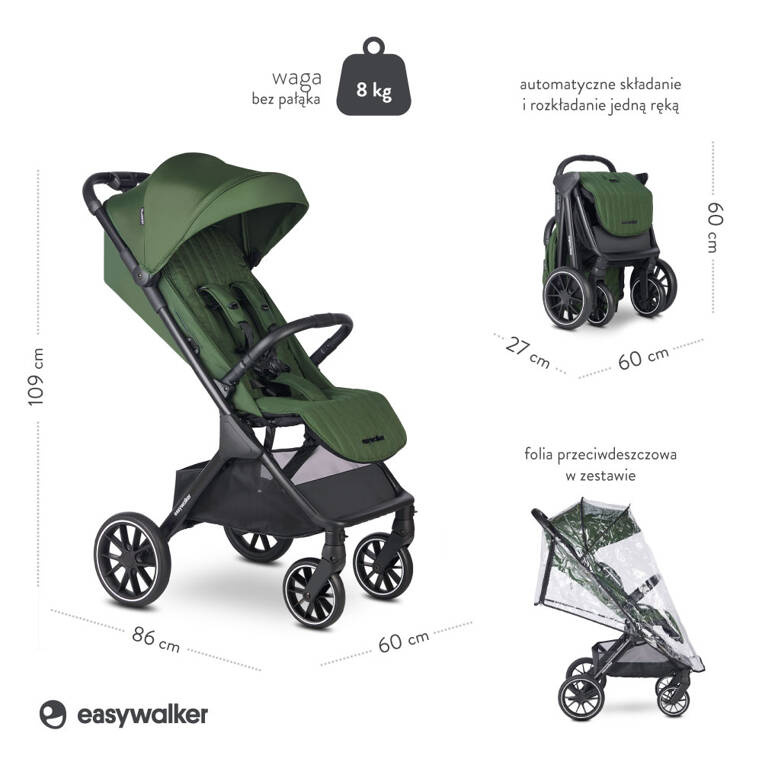 EJA22004 Easywalker Jackey² XL Komfortowy, samoskładający się wózek spacerowy z torbą transportową i osłoną przeciwdeszczową Deep Green