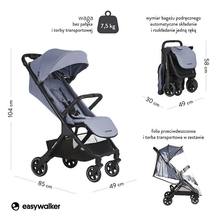 EJA10005 Easywalker Jackey Kompaktowy, samoskładający się wózek spacerowy z torbą transportową Steel Grey