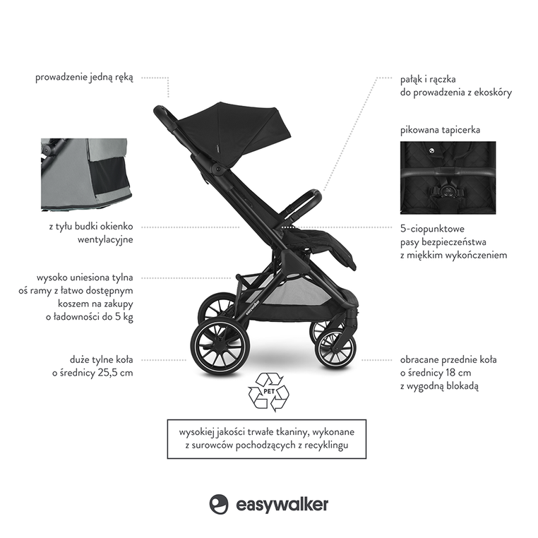 EJA10031 Easywalker Jackey XL Przestronny, samoskładający się wózek spacerowy z kołami XL Shadow Black