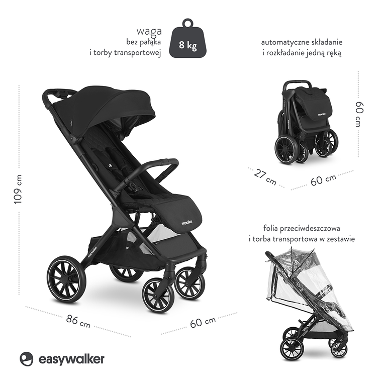 EJA10031 Easywalker Jackey XL Przestronny, samoskładający się wózek spacerowy z kołami XL Shadow Black