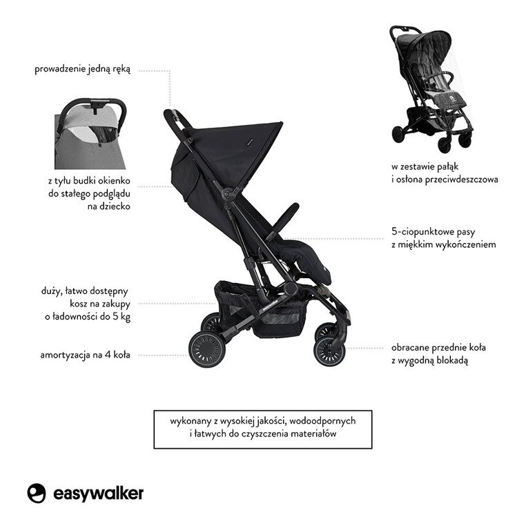 Easywalker Buggy XS Wózek spacerowy z osłonką przeciwdeszczową Night Black Easywalker Buggy XS Wózek spacerowy z osłonką przeciwdeszczową Night Black