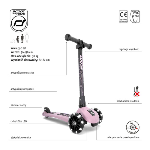 SCOOTANDRID Highwaykick 3 LED hulajnoga 3-7 lat Rose